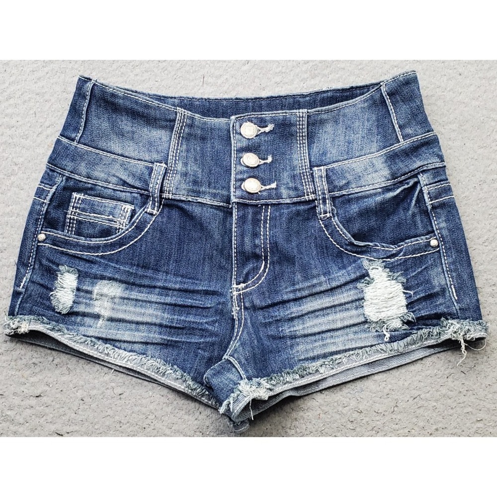Almost Famous Jean Shorts Womens 5 Blue Denim Faded Stretch Distressed Outdoor